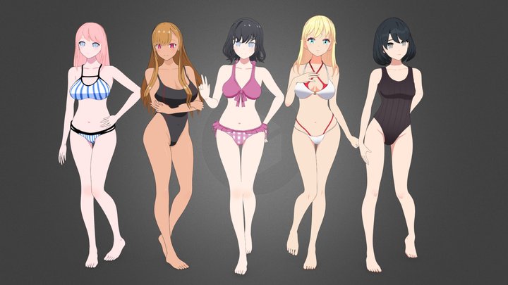 Summer Collection: 5 Anime Bikini 3D Characters 3D Model